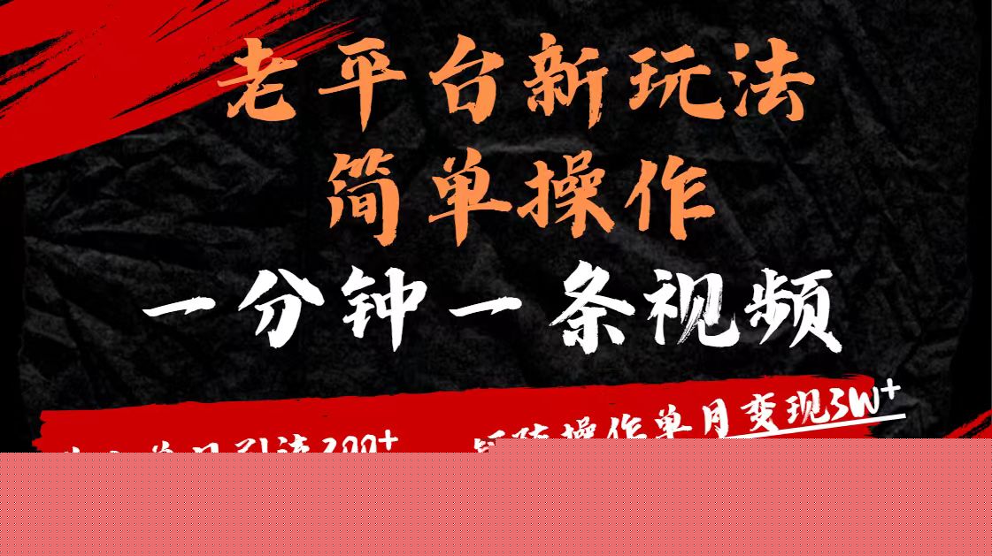 老平台，新玩法，简单操作，一分钟一条视频，单人单人引流200+矩阵操作，单月变现3W