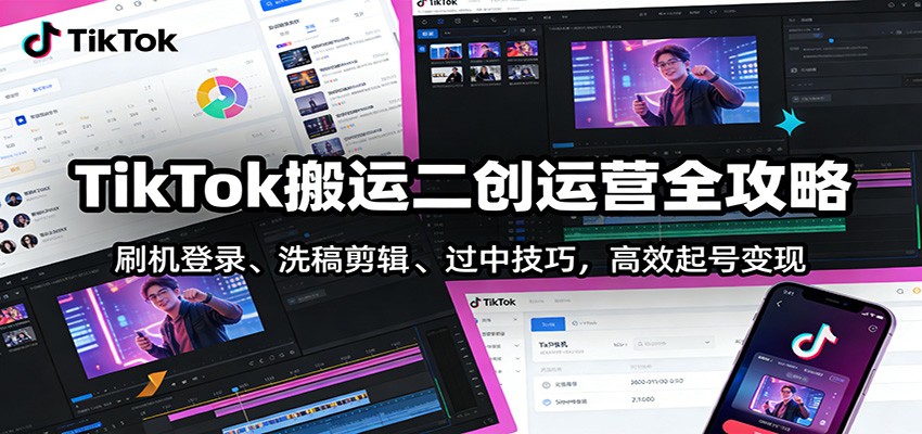 TikTok搬运二创运营全攻略：刷机登录、洗稿剪辑 、过中技巧，高效起号变现